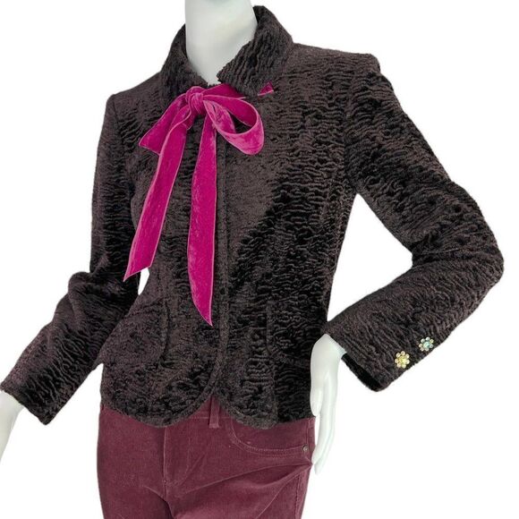 Nanette Lepore Chocolate Brown Crushed Velvet Cropped Evening Jacket Pink Bow 2 - Picture 1 of 14